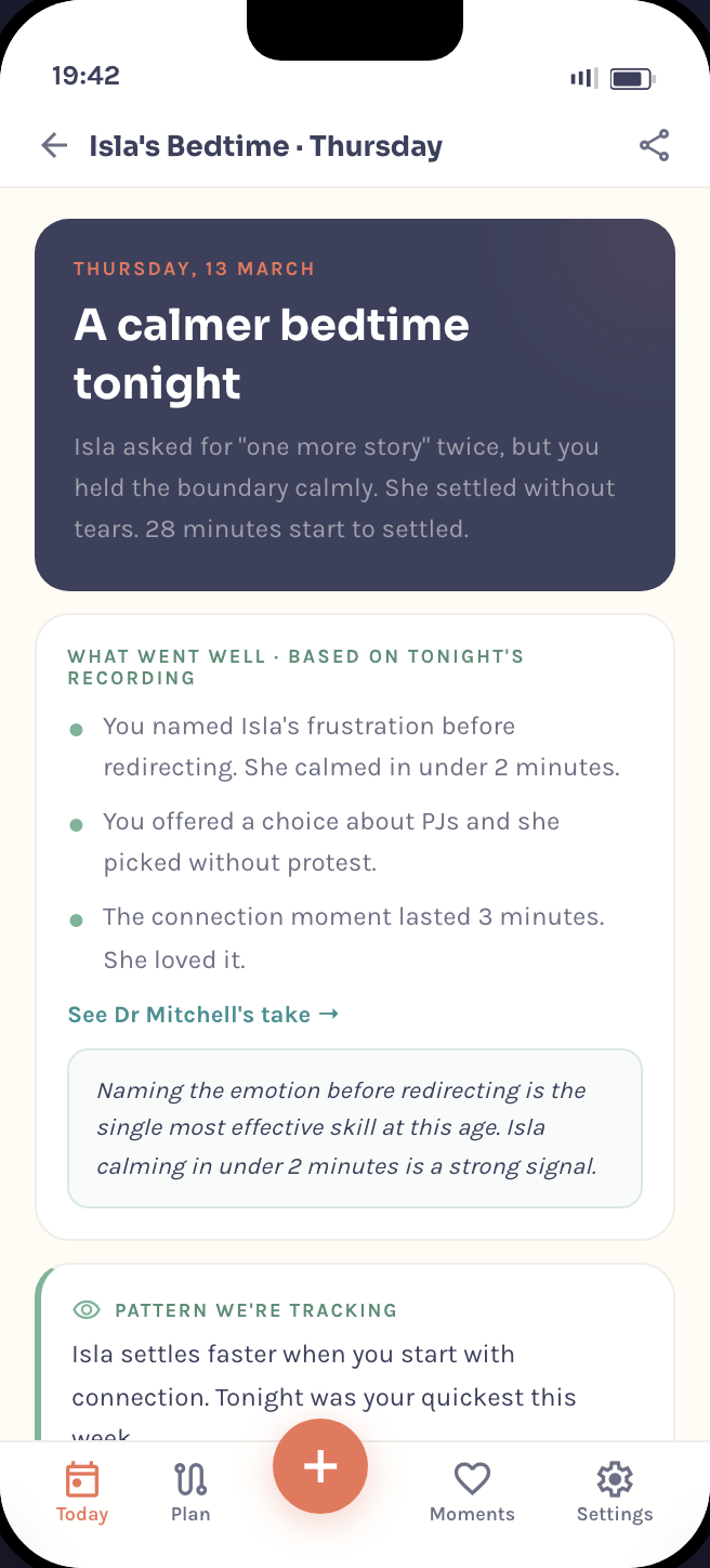 Parenting Coach screen from the Attune app showing a daily digest with highlights and coaching suggestions
