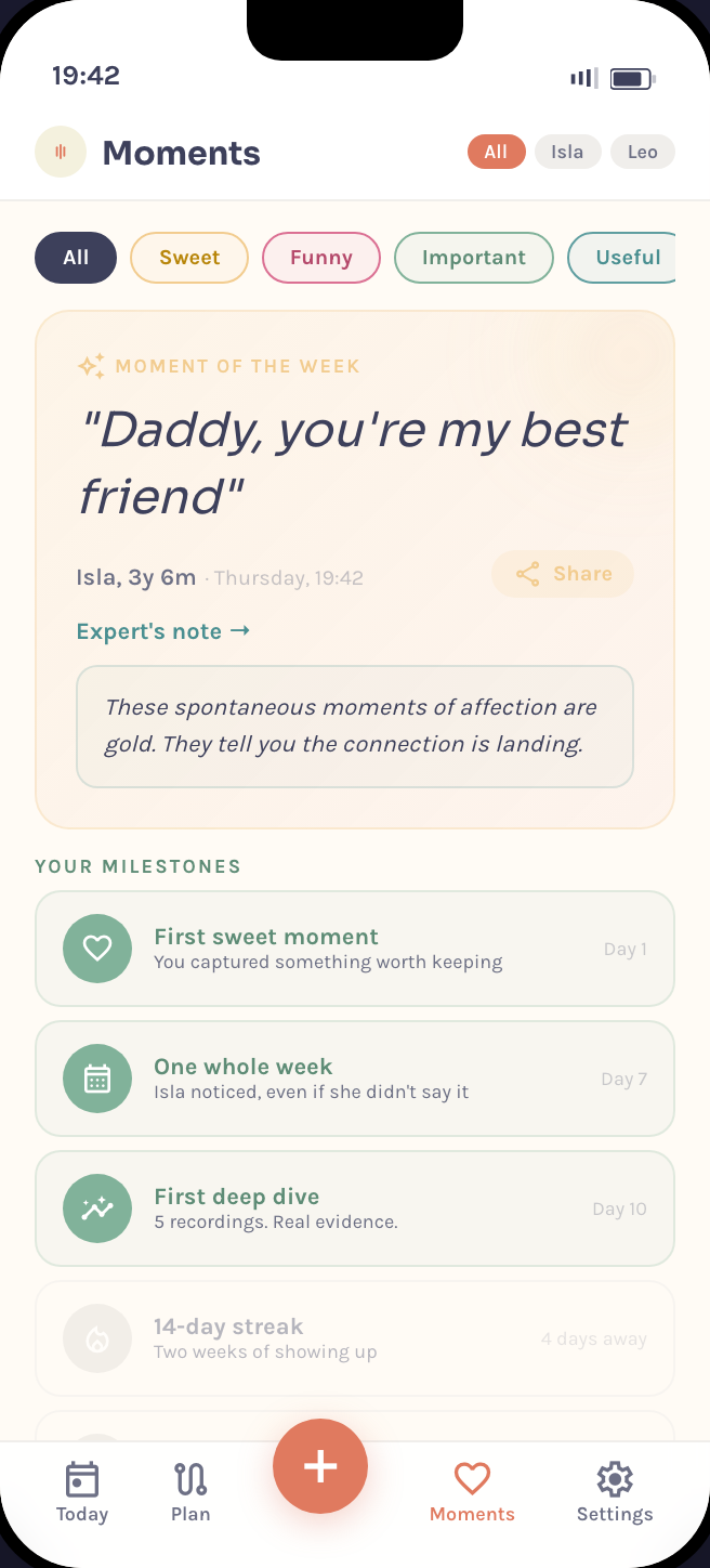 Memory Bank screen from the Attune app showing sweet moments and milestones