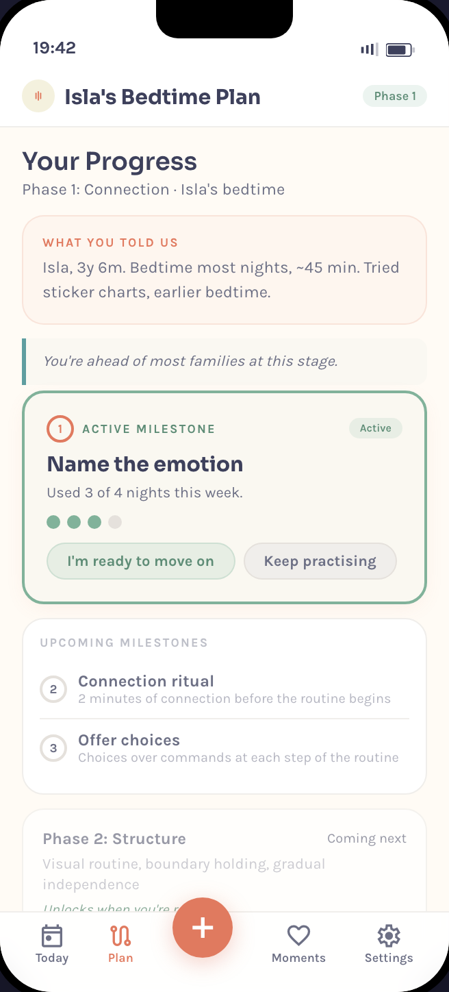 Plans & Routines screen from the Attune app showing Isla's Bedtime Plan with progress tracking and active milestones