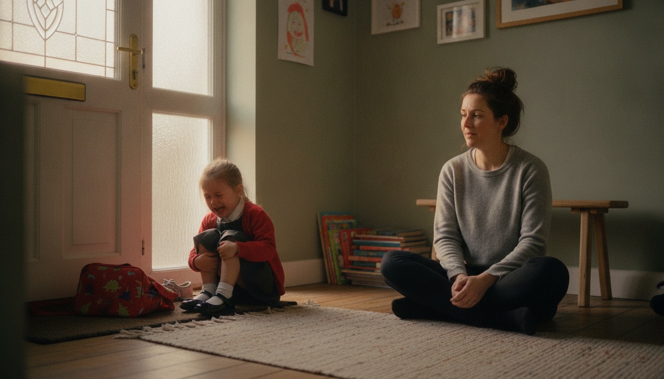 A mum sitting on the hallway floor with her daughter after school pickup