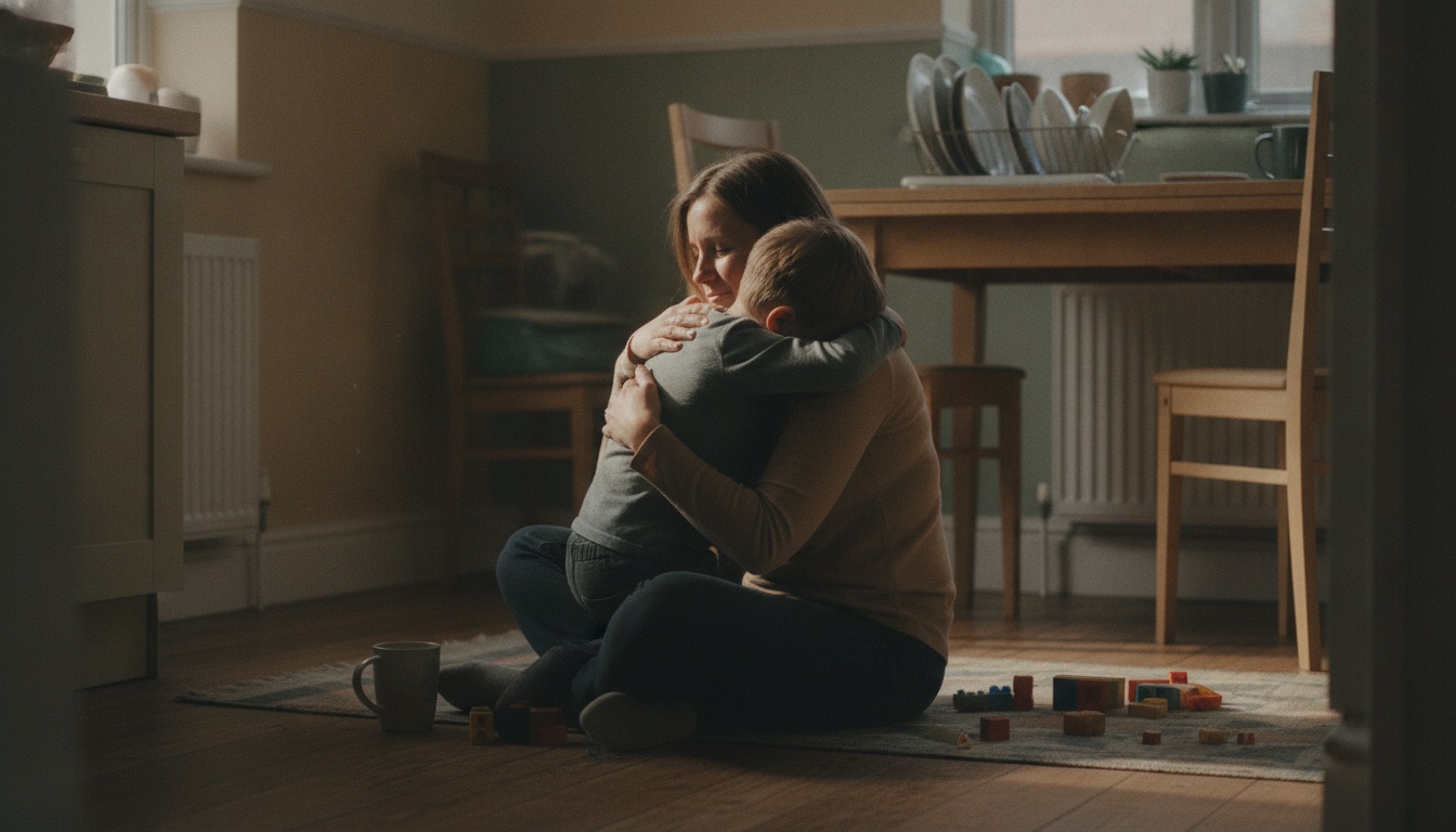 A mum and her son in a long quiet hug on the kitchen floor